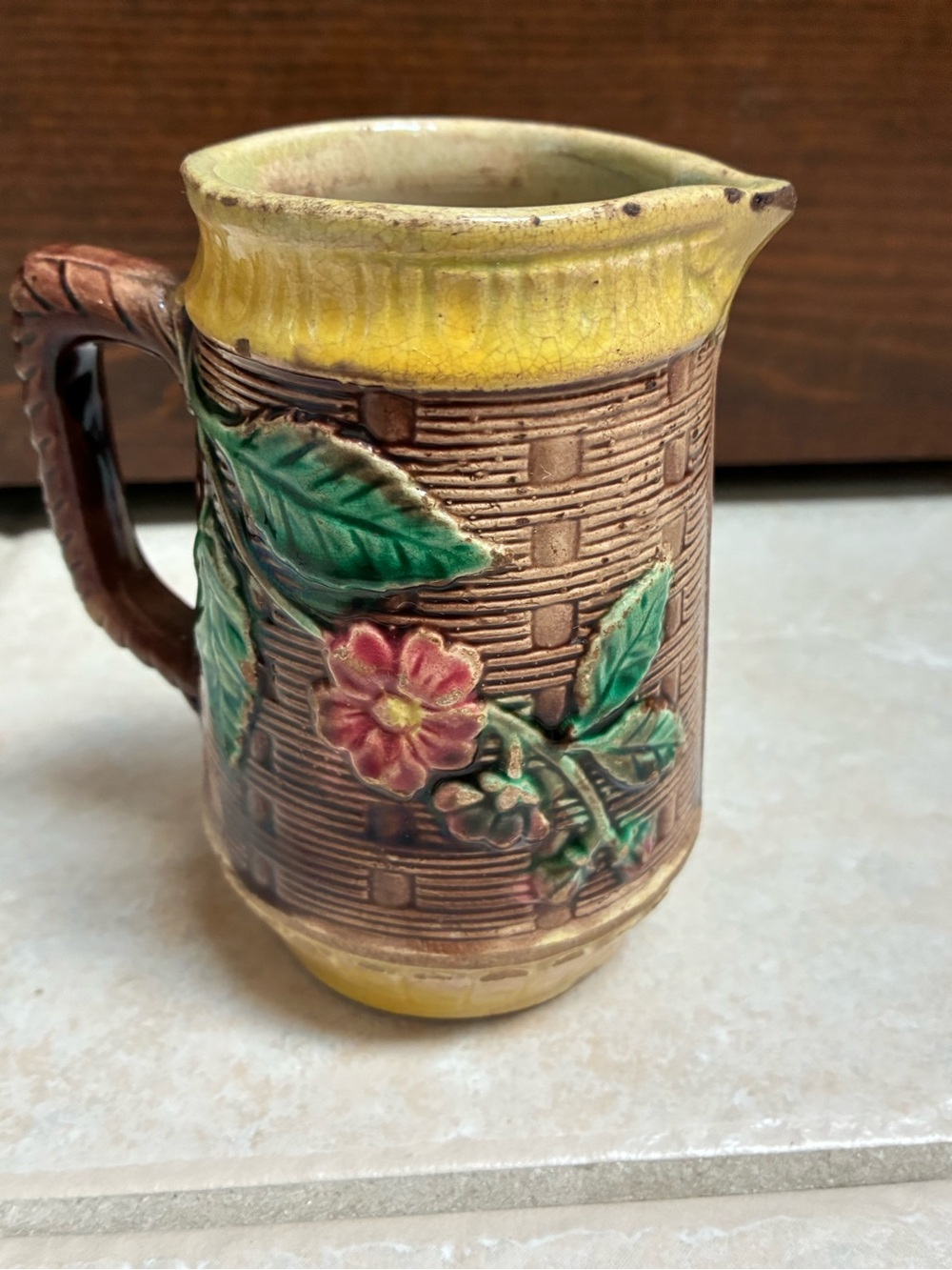 19th C. Majolica Pottery Pitcher with Apple Leaf & Blossom